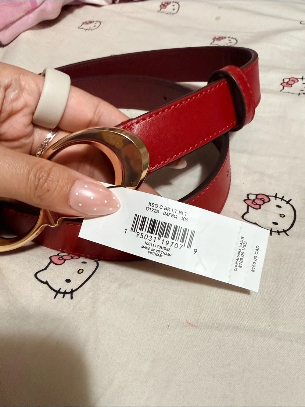 Coach Red Leather Belt with Gold Double-Loop Buckle